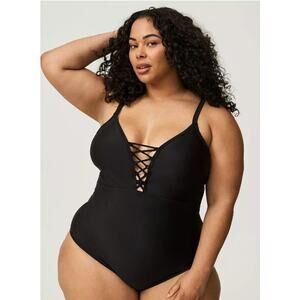 Torrid Women’s Plus Bathing Suit One Piece 4X Plunge Black # H235